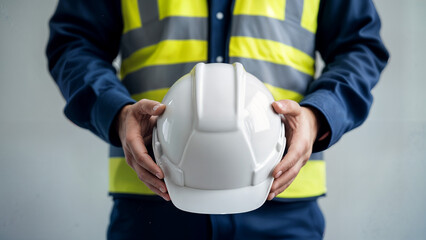 personal protective equipment construction worker in a high-visibility vest holds a white hard hat, emphasizing safety and professionalism in the workplace inşaat işçisi