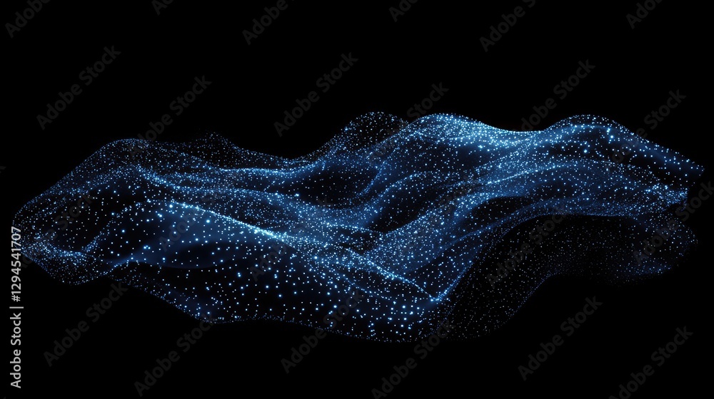 Poster a futuristic digital wave of glowing blue dots forms a flowing abstract shape against a black backgr