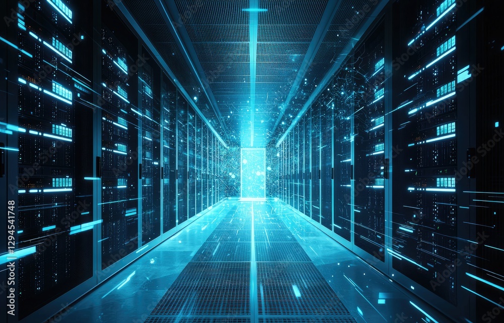 Poster A futuristic data center with glowing blue lights and advanced servers, symbolizing cloud computing, AI, and cybersecurity. Ideal for technology and networking themes