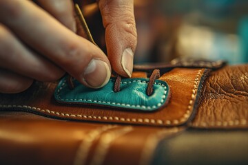 Close-up of a craftsman meticulously hand-stitching teal leather detail onto a brown leather shoe.