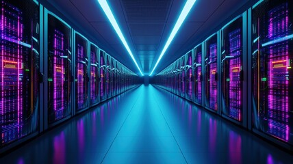 Fototapeta premium Futuristic supercomputer server room with endless rows of glowing data racks, high-speed AI processing visualization, blue and purple cyber glow
