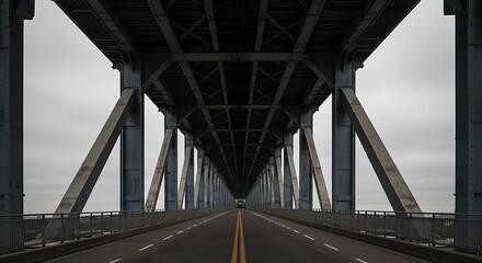 Driving Underneath a Long Steel Bridge on an Overcast Day