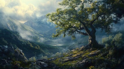 Obraz premium Majestic tree on mountaintop overlooking misty valley.