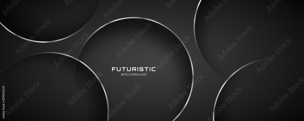 Wall mural 3d black abstract background overlap layer on dark space with silver lines circles effect decoration
