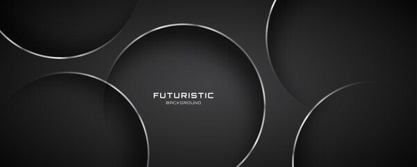 3D black abstract background overlap layer on dark space with silver lines circles effect decoration. Modern graphic design element cutout style concept for web banner, flyer, card, or brochure cover