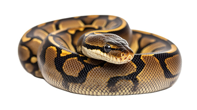 Coiled ball python captured in studio setting high-resolution wildlife photography serene environment close-up perspective