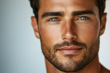 Obraz premium Close-up portrait of a handsome man with tanned skin, blue eyes, and a well-groomed beard.