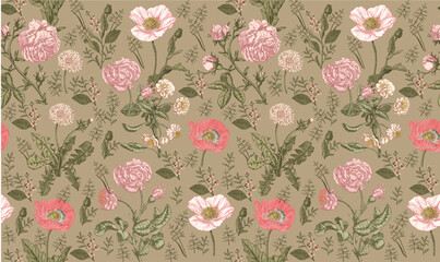 Seamless pattern. Beautiful pink blooming realistic isolated flowers. Vintage background. Set Roses Poppies wildflowers. Wallpaper. Drawing engraving. Vector victorian Illustration