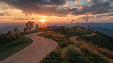 Wind generators turbines at sunset. Beautiful mountain landscape with wind generators turbines at Khao Kho mountain, Thailand. Renewable energy ...