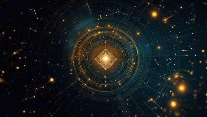 Abstract glowing geometric shapes in dark space.