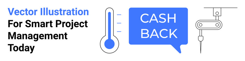 Thermometer gauge with fluid level, bubble reading CASH BACK, robotic tool arm. Ideal for finance, automation, cashback systems, smart tools, savings, business operations flat landing page banner
