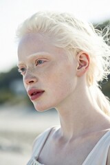 A beautiful young woman with albinism, featuring fair skin, white hair, and delicate features. She looks confident and serene, with soft natural lighting highlighting her unique beauty