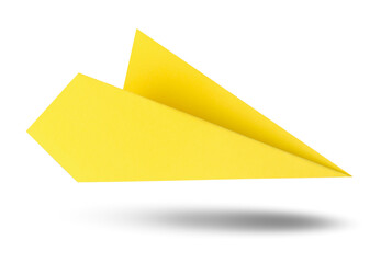 Yellow paper plane in air on white background