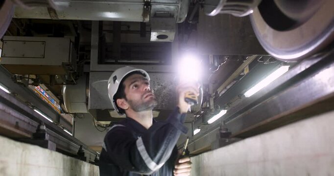 The engineer is depicted meticulously inspecting the train's equipment and machinery underbody suspension of the electric train in a railway garage.