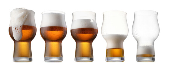 Drinking beer process. From full to empty glass on white background, step-by-step collage