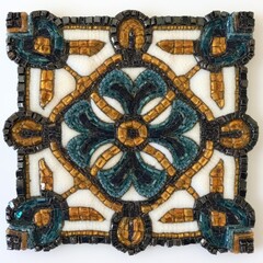 Intricate Mosaic Design Featuring Teal and Gold Patterns for Art and Interior Decoration