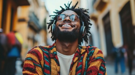 Concept of multitasking and enjoyment, portrait of cheerful afro american meloman sitting on publicity area and listening favourite positive music playlist via electronic earphones with high volume