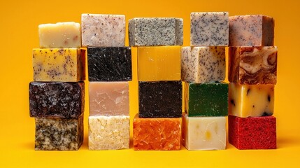 Colorful artisan soaps stacked on yellow background