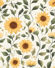 Watercolor Sunflower and Leaf Seamless Pattern Yellow and Green Floral Design on Off White