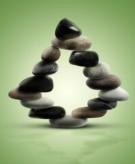 Balance shown as stacked stones on green gradient background