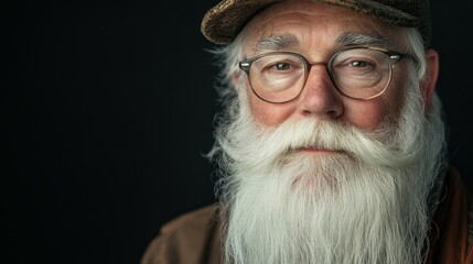 studio portrait of a senior hipster with a long white beard