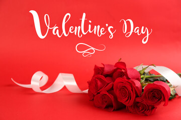 Valentine's day card. Bouquet of beautiful roses on red background