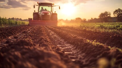 Fototapeta premium A tractor plowing a field under a dramatic sunset sky