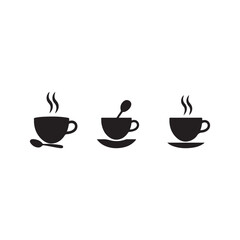 Three black and white coffee cup silhouettes with steam.Simple silhouettes of three coffee cups and saucers, one with a spoon inside, another with steam rising, and another with steam and a spoon.