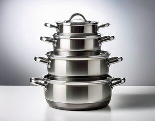 Fotograf&iacute;a de estudio profesional de Ollas de acero inoxidable apiladas cuidadosamente sobre un fondo blanco minimalista que resalta los utensilios de cocina modernos y los elementos esenciales culina