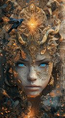 Mystical golden goddess with glowing blue eyes