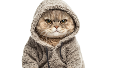 Playful cat in hoodie studio setting animal portrait cozy environment close-up view feline personality reflection