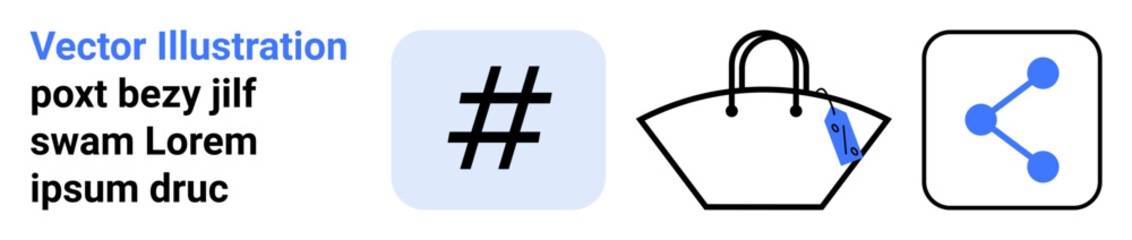 metadata tag icon, shopping bag with price tag, and share icon representing social media, branding, marketing, connectivity, and e-commerce. Ideal for e-commerce strategy, digital branding retail