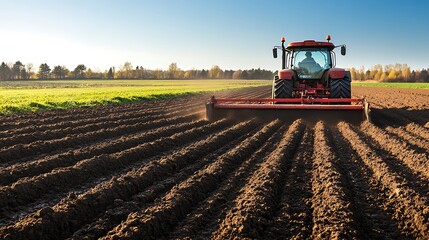 Fototapeta premium A tractor plowing a field at sunrise, creating long, parallel furrows in the soil