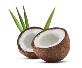 Coconuts and green leaves isolated on white