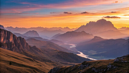A breathtaking mountain landscape at sunset, with the sun casting a warm, golden glow over the rugged peaks