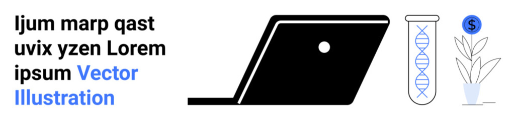 Laptop, DNA strand in test tube, and money-growing plant evoke themes of innovation, biotechnology, economic growth, and sustainability. Ideal for tech, health, research finance education