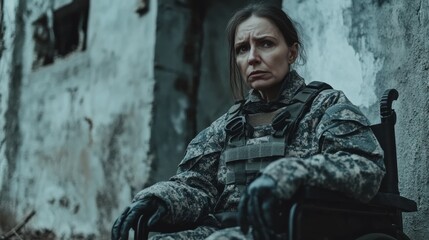 Woman veteran in wheelchair returned from army. Close-up photo veteran woman in a wheelchair.