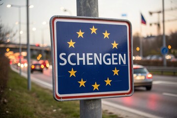 Close-up of a Schengen sign on a pole