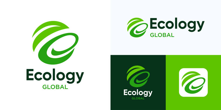 Ecology Globe leaf logo design, Letter E globe with leaf sign, Green Nature Growth sphere vector, Global agriculture or Logistics vegetable symbol, Letter E globe nature, Ecology nature agriculture.