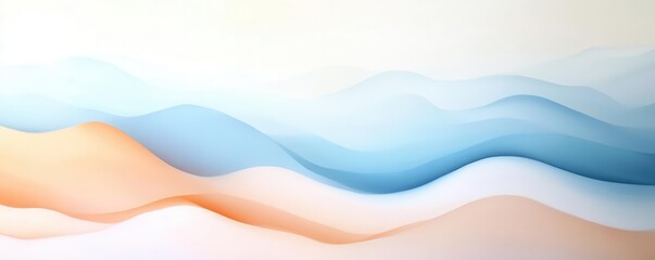As the morning mist gently enveloped the layered blue mountains, the soft pastel sky seamlessly blended into the horizon, creating a tranquil scene of nature's beauty.