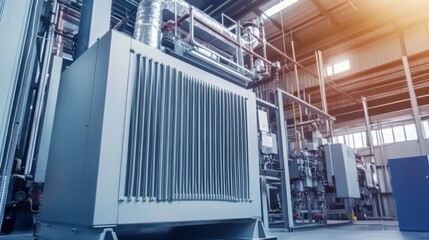 Electric transformer with cooling ribs at factory. Industrial infrastructure. Electrical energy. Energy concept.
