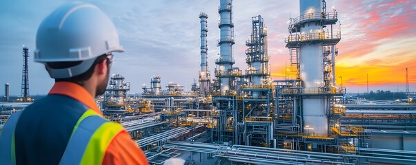 A worker in safety gear observes a refinery sunset, showcasing modern industry and energy production in a vibrant environment.