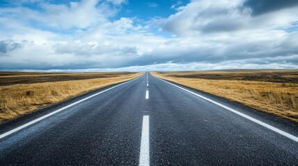 A freshly paved road extends into the distance under a vibrant blue sky, symbolizing journey and endless possibilities in a flat landscape.