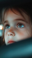 Little girl gazing out of a car window, dreamy expression as city lights reflect in the glass during a magical nighttime journey.