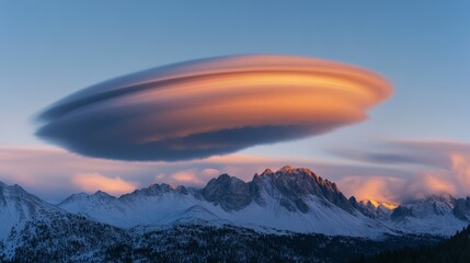 Lenticular clouds glow dramatically over a snowy mountain range at dusk, casting striking shadows and evoking a sense of wonder.