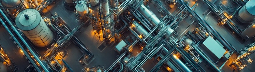 Fototapeta premium Aerial view of a complex industrial site with intricate piping and illuminated structures, representing modern engineering and technology.