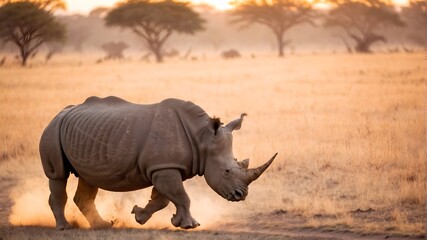 Fototapeta premium Rhino running in the savannah. Wild animal
