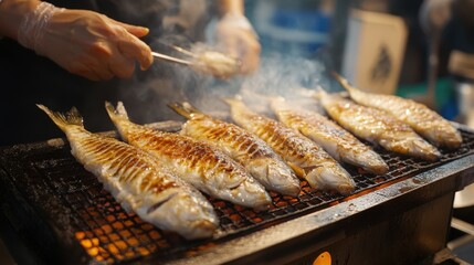 Japanese grill fish Ayu in street food festival in Tokyo Japan