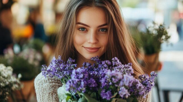 Portrait of attractive Caucaisan woman with beautiful violet flowers looking at camera during weekend pastime in street cafe, young hipster girl holding present of floristic delivery and posing