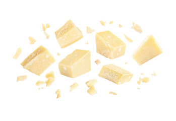 Pieces of delicious parmesan cheese flying on white background